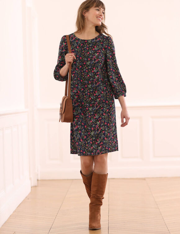 Robe droite manches 7/8ème imprimée (marine / rose)