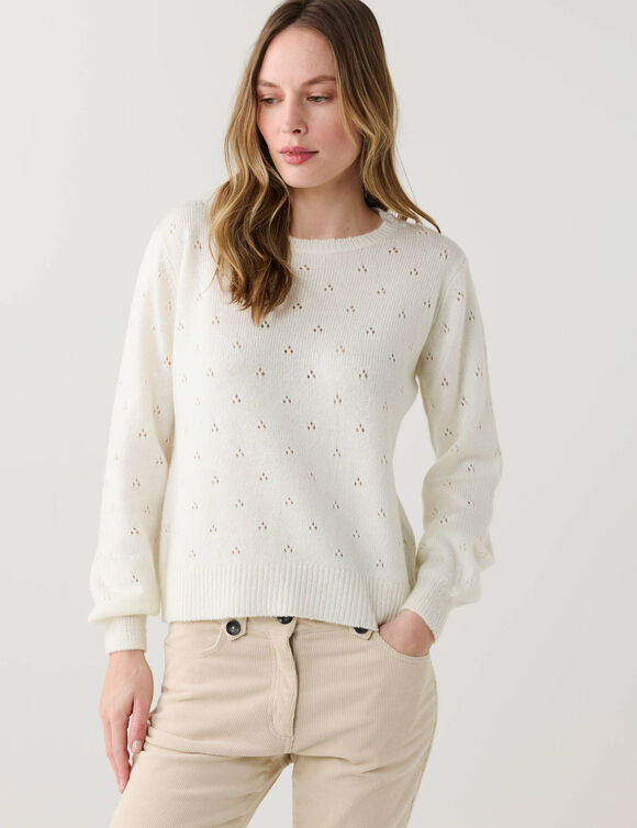 Pull col rond, maille pointelle toucher doux (&eacute;cru)