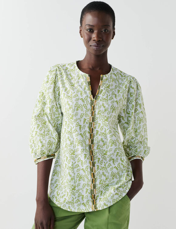 Blouse brod&eacute;e en coton imprim&eacute;e, manches 3/4 (anis)
