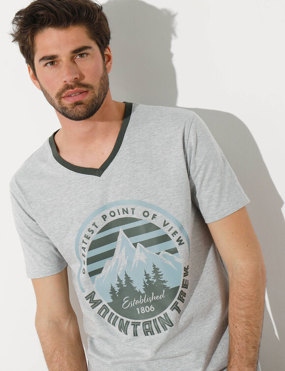 Pyjama short col V contrast&eacute; manches courtes (kaki / gris chin&eacute;)