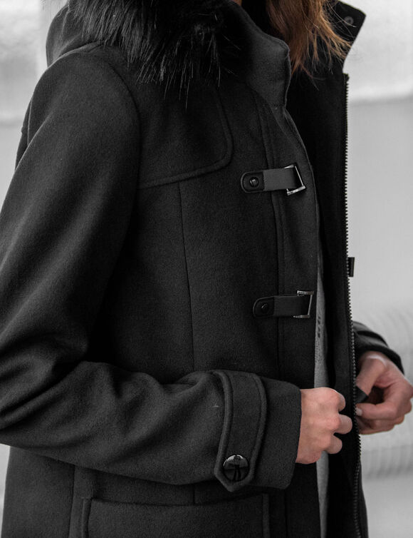 Duffle-coat capuche fausse fourrure uni (noir)