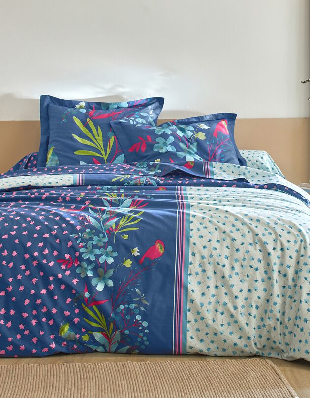Linge de lit Betty en coton à motifs fleurs et oiseaux, bleu, hi-res