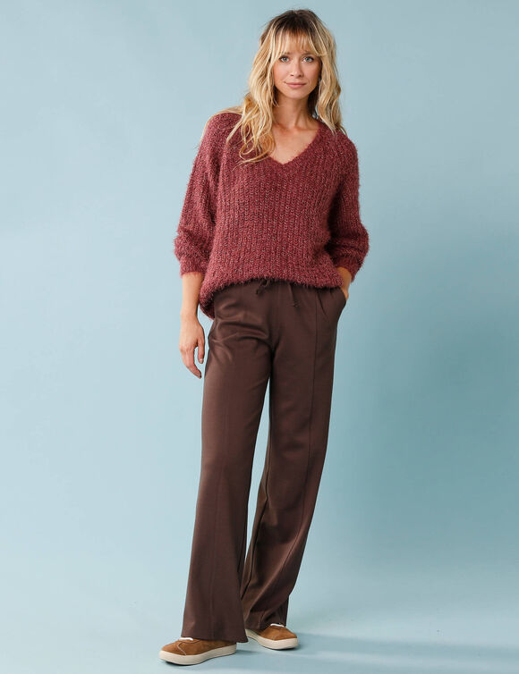 Pull col V spécial Petites, volume "loose" maille perlée fantaisie (figue)
