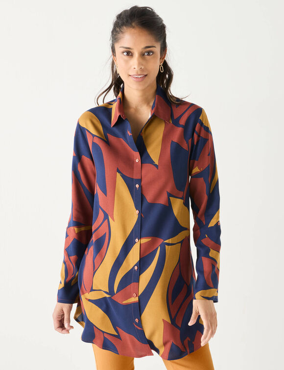 Uitlopende tuniek met knopen en grafische print (marine / kerrie)