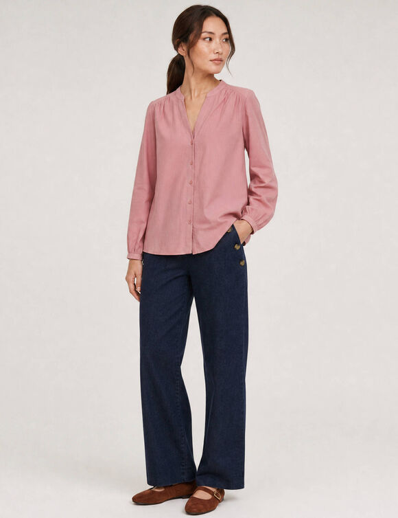 Chemisier boutonn&eacute; col mao uni, coton dobby (rose)