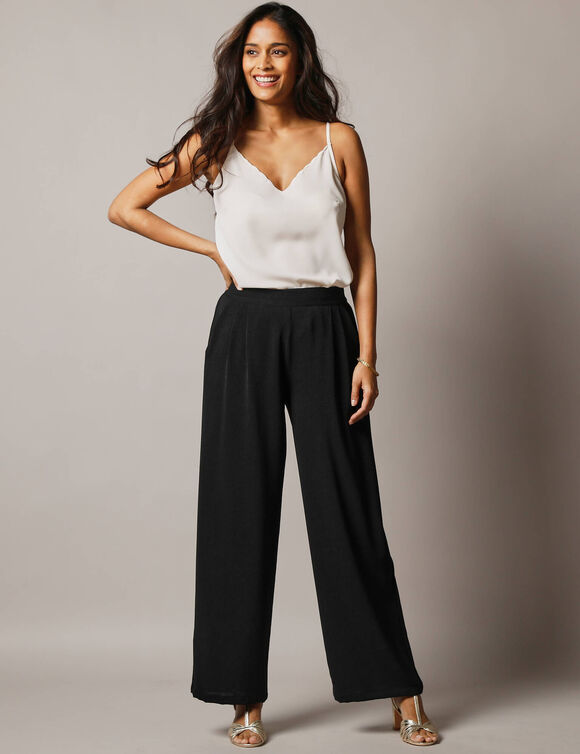 Pantalon large taille haute &agrave; enfiler, cr&ecirc;pe fluide (noir)