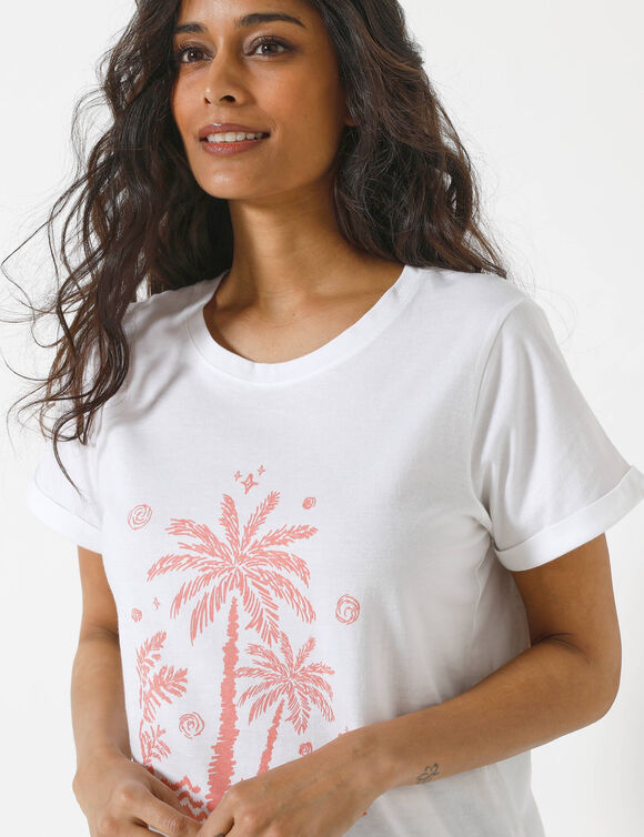 T-shirt manches courtes imprim&eacute; palmiers (blanc / corail)