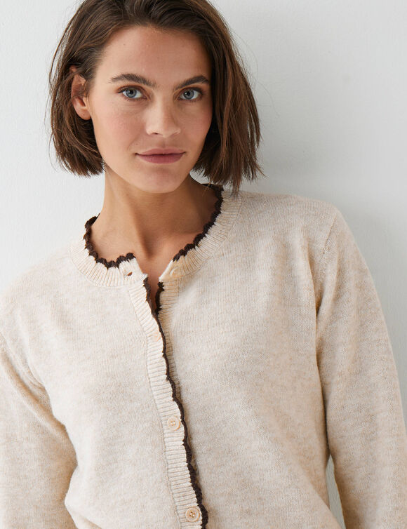 Vest met contrasterende geschulpte randen, verrijkt met wol (beige / chocolade)