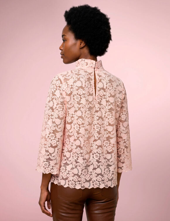Blouse col volant&eacute; en dentelle, manches larges 3/4 (rose p&acirc;le)
