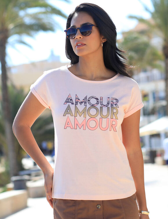 T-shirt imprimé "amour", manches à revers (rose pâle)