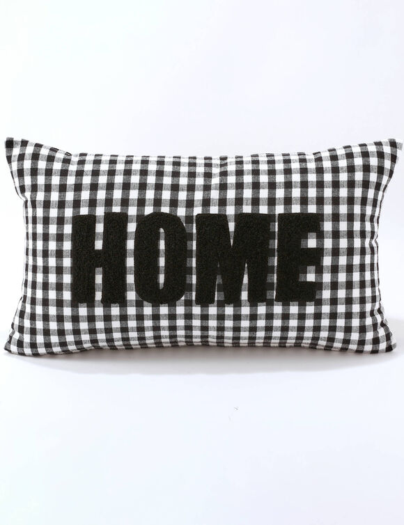 Coussin en coton, message HOME et carreaux tiss&eacute;-teint  (noir)