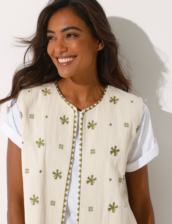 Veste brodée sans manches, gaze de coton (écru / kaki)