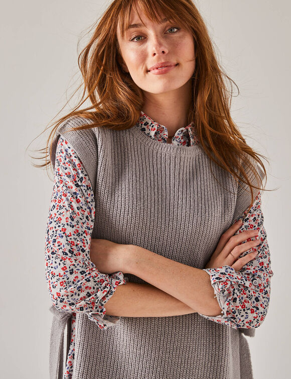 Pull tunique sans manches, maille anglaise toucher doux (gris chiné)