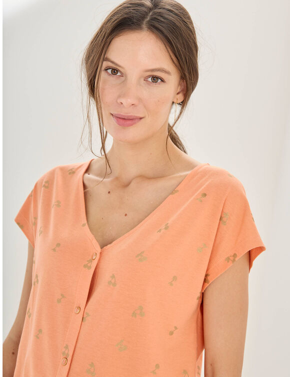 T-shirt col V boutonn&eacute; imprim&eacute; cerises dor&eacute;es (melon / dor&eacute;)