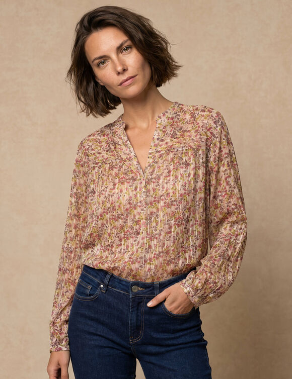 Blouse met bloemprint, jacquardvoile (ecru / roze)