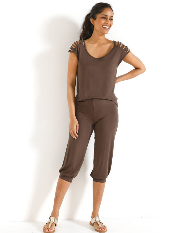 T-shirt maille unie, la&ccedil;age &eacute;paules (chocolat)