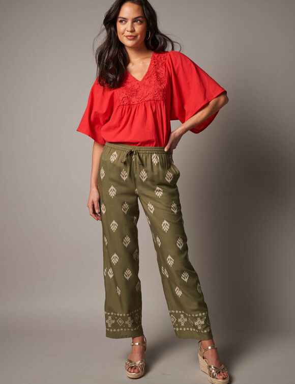 Pantalon large taille haute, viscose imprim&eacute;e (kaki / &eacute;cru)
