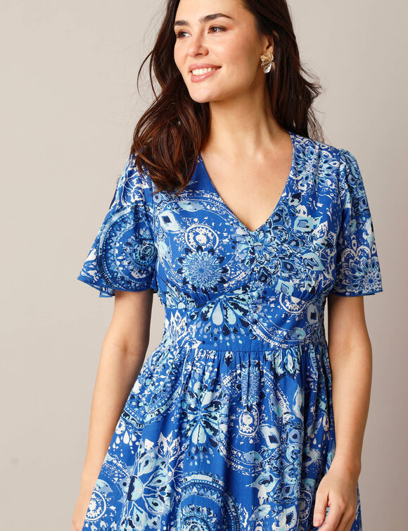 Robe longue évasée, coton imprimé (bleu / blanc)