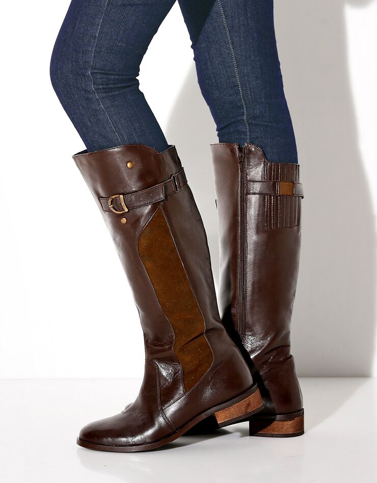 Bottes cavalières cuir mollets réglables, marron Blancheporte