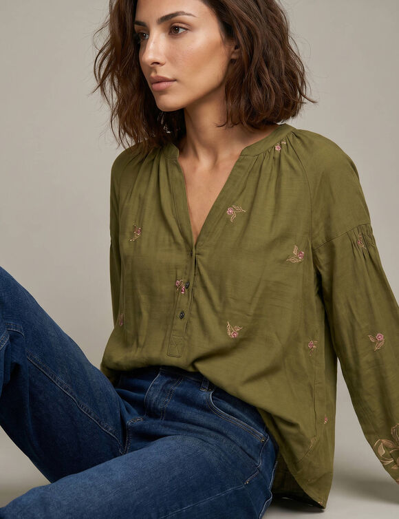 Blouse flanelle, manches 7/8, imprim&eacute; effet broderie (bronze)
