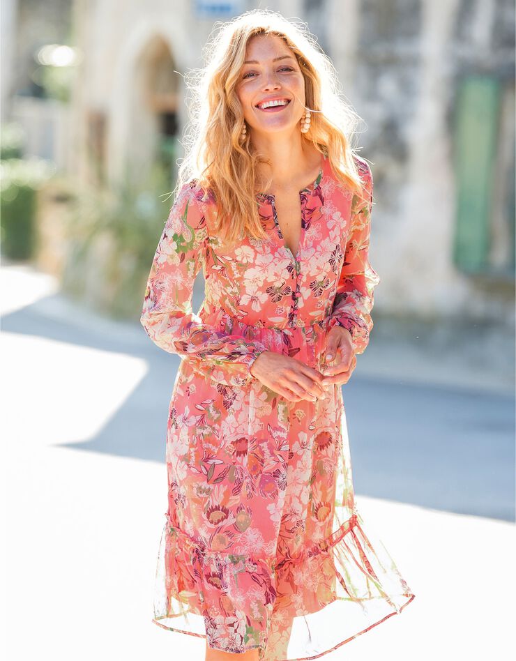 Jurk met bloemenprint, koraal / beige | Blancheporte