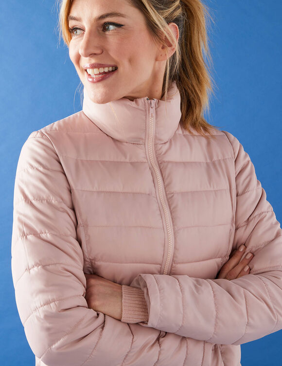 Doudoune zippée courte col montant unie, déperlante (rose grisé)