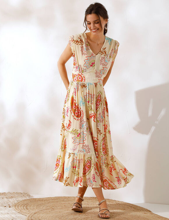 Robe longue imprimée, sans manches (vanille)