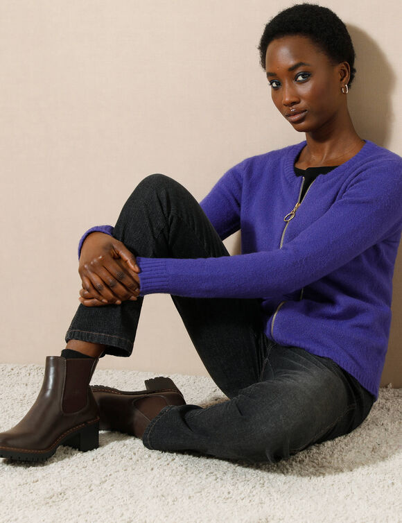 Cardigan zippé, maille moelleuse (violet)