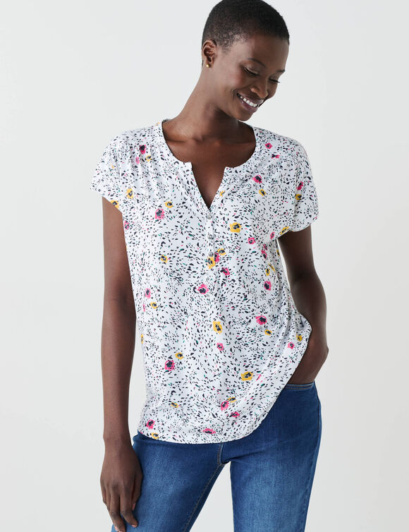 T-shirt col tunisien manches courtes, imprimé (blanc)