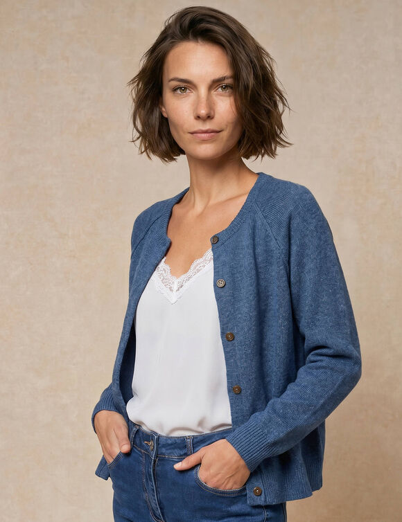 Gilet boutonn&eacute;, maille moelleuse en laine m&eacute;lang&eacute;e (bleu gris&eacute;)