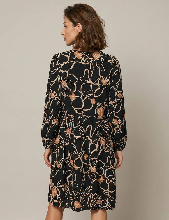 Robe courte col rond, manches 7/8&egrave;me, imprim&eacute; fleurs (noir / caramel)