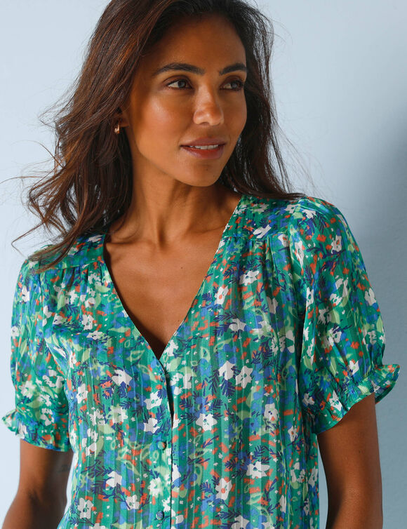 Bloes in bedrukte voile (smaragdgroen)