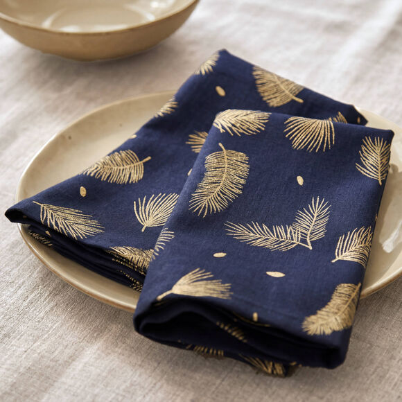 Nappe imprim&eacute;e feuillage dor&eacute; (bleu marine)