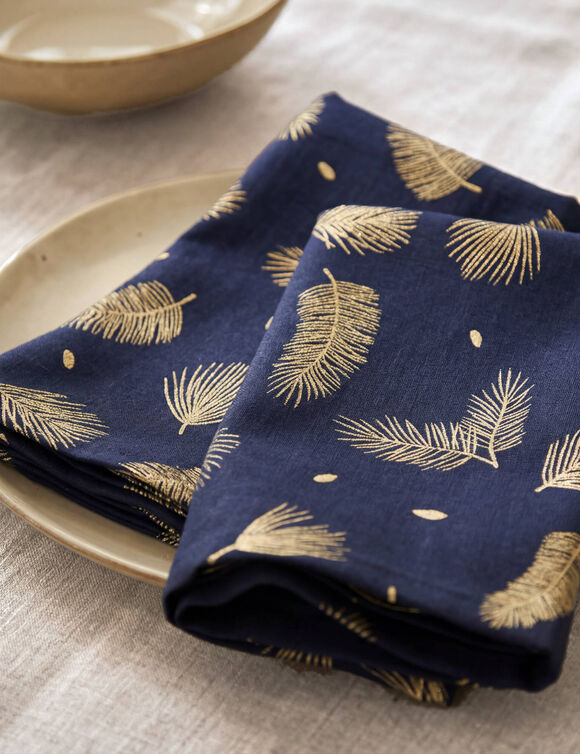 Tafellaken met goudkleurig bladmotief (marineblauw)