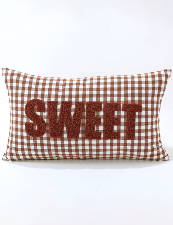 Coussin en coton, message SWEET et carreaux tiss&eacute;-teint  (caramel)