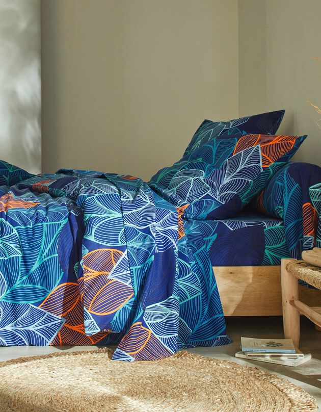 Linge de lit Elsa en polycoton à motifs feuilles (bleu)
