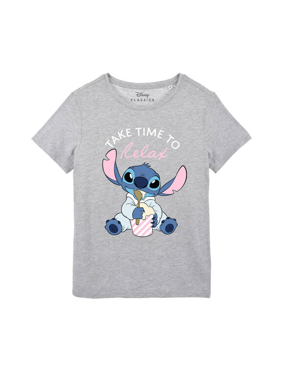Haut de pyjama femme coton manches courtes imprim&eacute; plac&eacute; Stitch "Take time to relax"" (gris chin&eacute;)