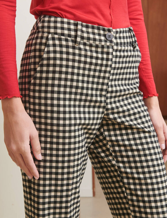 Pantalon droit large raccourci, &agrave; carreaux (noir / &eacute;cru)