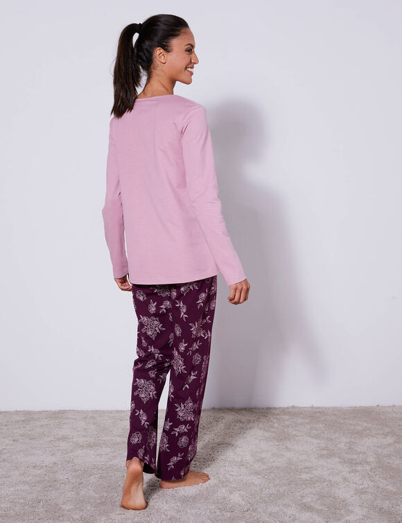 Pyjama en coton manches longues imprim&eacute; roses (prune / rose)