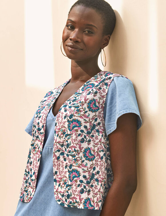 Veste imprim&eacute;e en gaze de coton (&eacute;cru / bleu)