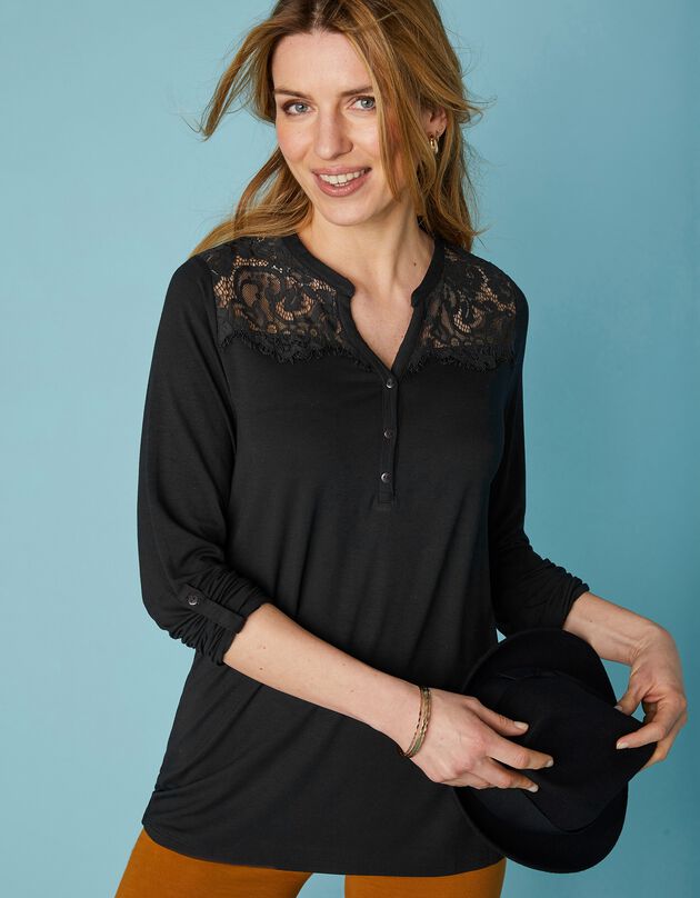 Tee-shirt col tunisien dentelle jersey (noir)