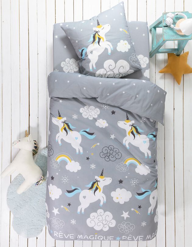 Linge de lit enfant Lilou imprimé licorne 1 personne - coton, gris, hi-res