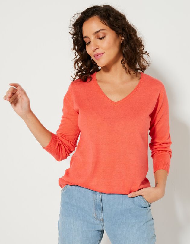 Pull col V toucher cachemire (corail)