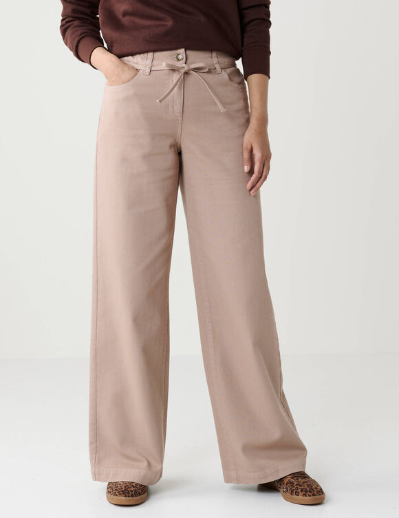Wijde broek met hoge taille en halfelastische tailleband met strikje, katoen (donkerbeige)