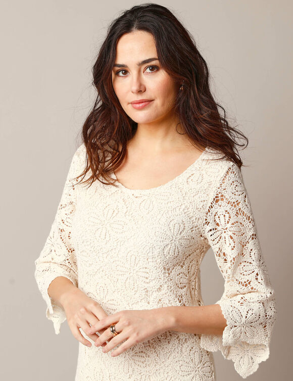 Robe courte macramé, manches 3/4 (écru)