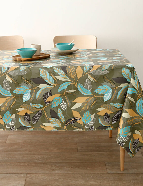 Nappe toile cirée imprimé feuillage (marron / turquoise)