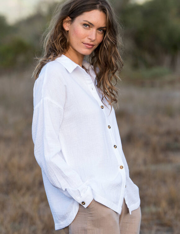 Chemise boutonnée unie, gaze de coton (blanc)