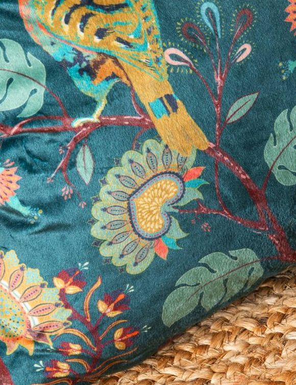 Coussin rectangulaire velours motif oiseaux et fleurs  (vert canard / miel)