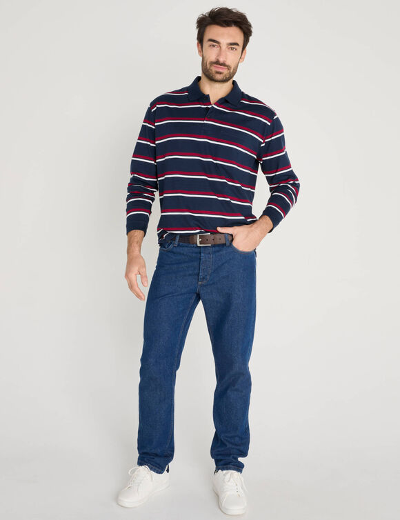 Gestreepte polo met lange mouwen, jersey, katoen (marine / rood)