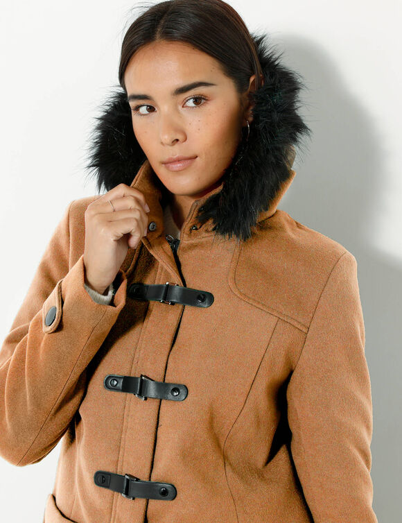 Duffle-coat capuche fausse fourrure uni (caramel)